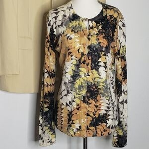 Worth Cardigan Multi Color Luxury Wool Winter Leaf Pattern Gold Spring Fall Chic